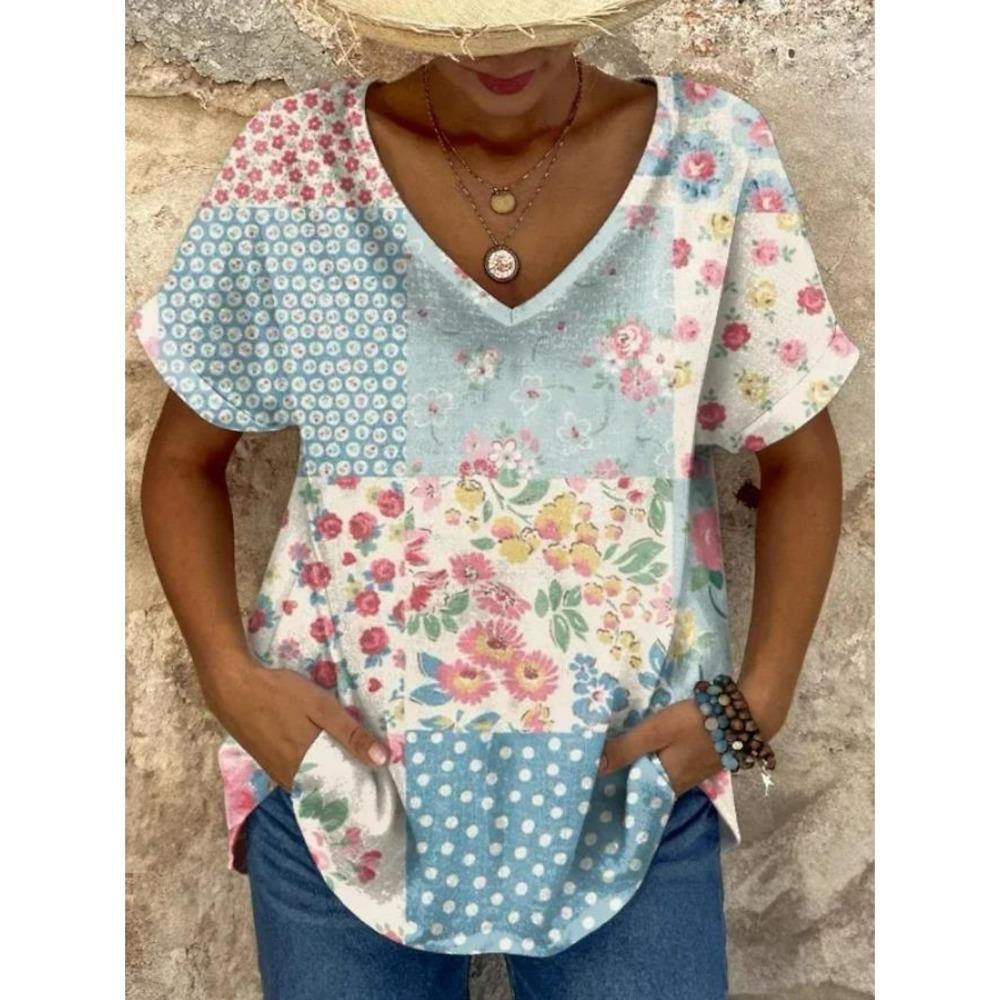 Women's Trendy T-Shirt Flowers Graphics Fashion Short Sleeved V-Neck Regular Tops Daily Print Tee Summer Y2K Casual Tops