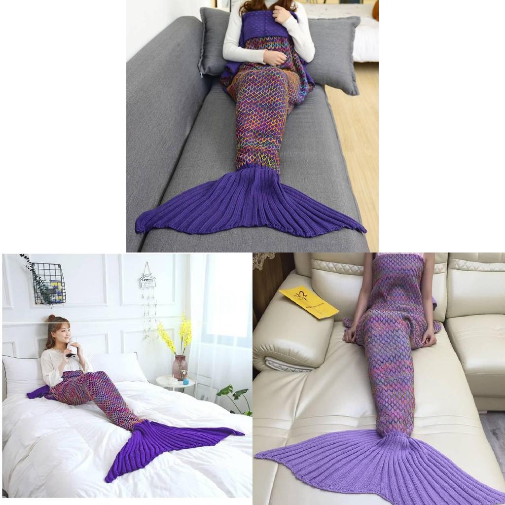 Mermaid Coral Fleece Crochet Sofa Blanket Acrylic Grid Knit For Birthday Home Decor