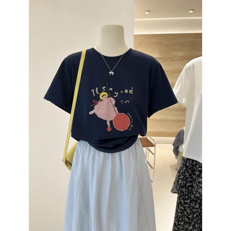 

Summer New Korean Versatile Cartoon Print Loose Trendy Short-sleeved Bottoming Shirt T-shirt for Women S синий