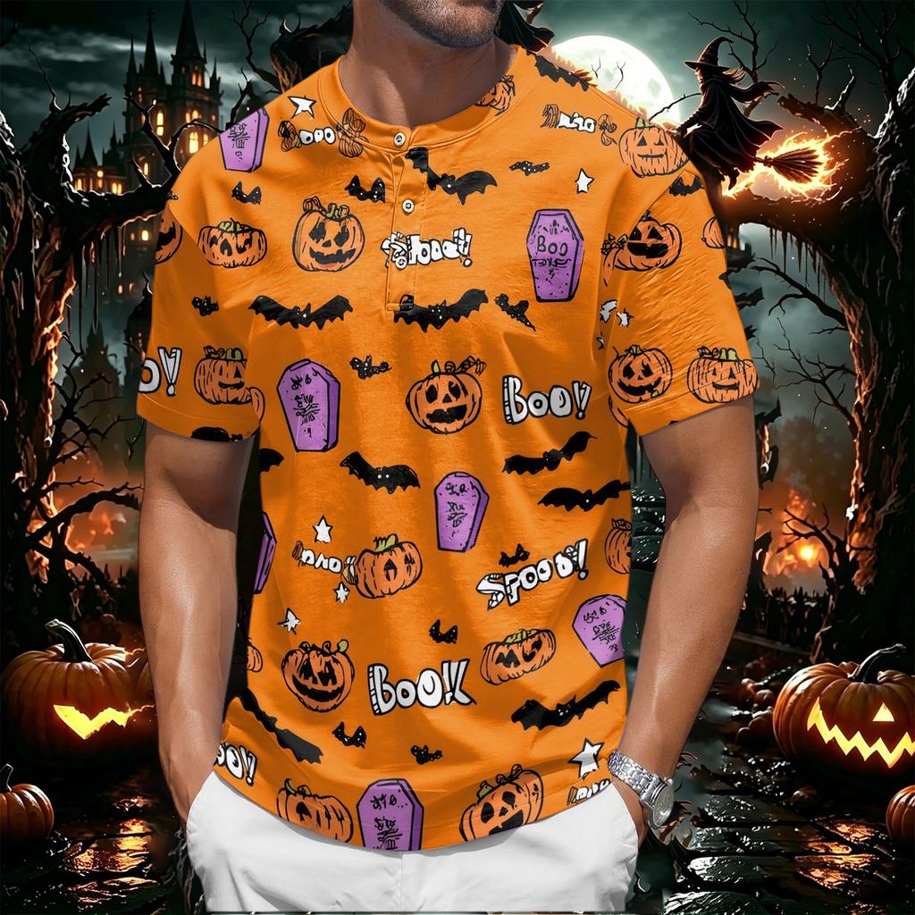 Mens Halloween Print Crew Neck Short Sleeve T Shirt Soft Fabric Casual Fit Pumpkin Pattern Comfortable Top