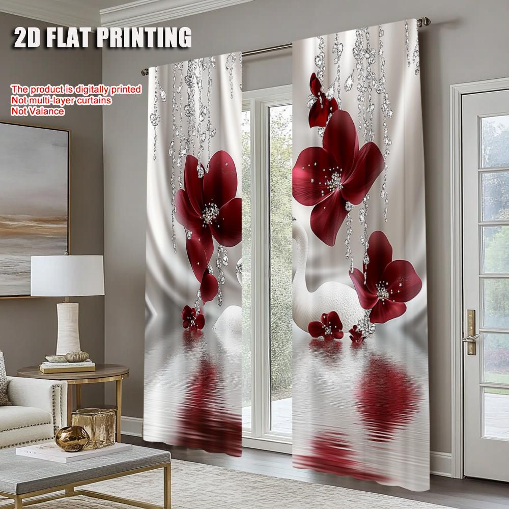 2Pcs Digital Printed Rod Pocket Window Curtain Swan Flower Pattern Window Drapes For Bedroom Living Room Home Decor Design For