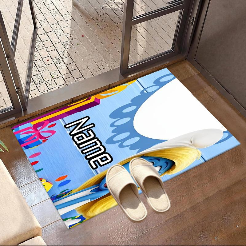 Custom Name Personalized Blue Smurfs Print Carpet, Versatile Home Decor Rug, for Playroom, Apartment, Balcony, Entryway, Hallway Gift