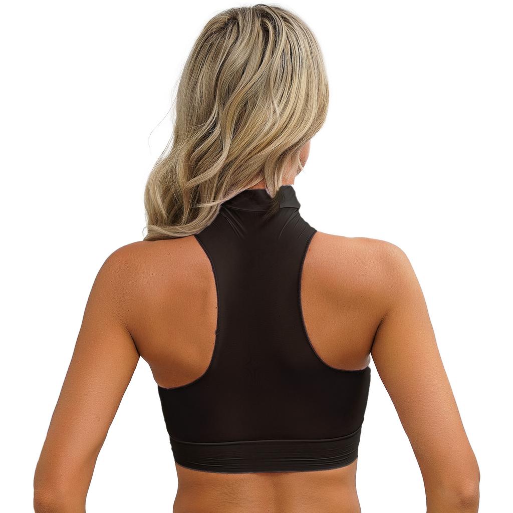 Womens Mock Neck Sleeveless Sheer Crop Top Glossy See Through Vest