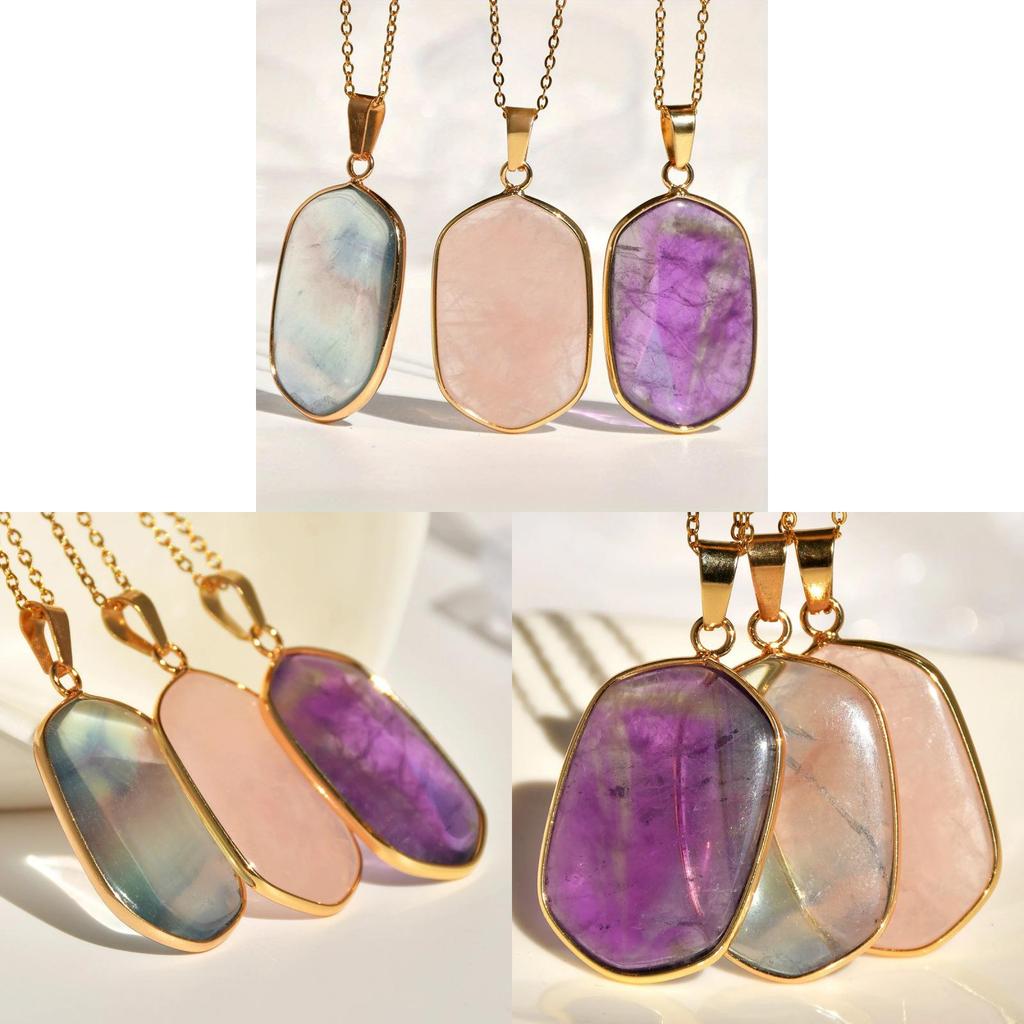 Natural Stone Geometric Pendant Necklace With Gold Plated Edges For Women And Men