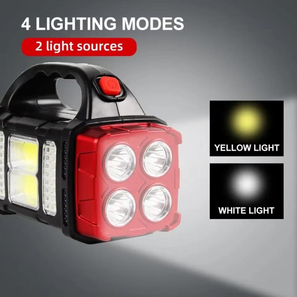 Wiederaufladbare tragbare Handlampe, leistungsstarke LED-Taschenlampe, Outdoor-Camping, Solar-Ladelicht, USB-Taschenlampe mit COB-Arbeitslaterne