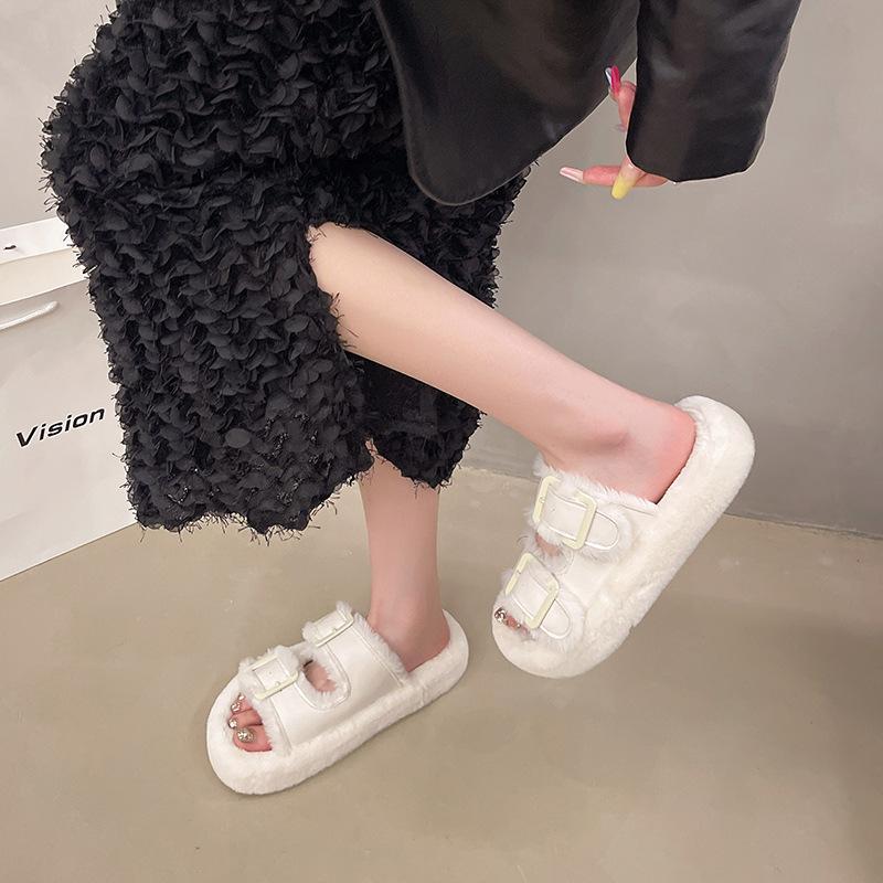 Thick-bottomed fluffy slippers for women's outer wear 2025 new fashion buckle with velvet one-word drag ins thermal cotton slippers