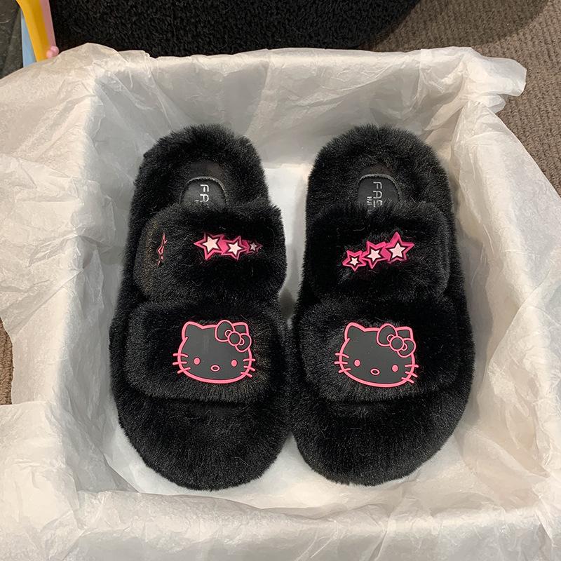 Internet Celebrities One Word Warm Thick Bottom Heightening Fluffy Slippers Women Wear 2025 New Autumn and Winter Super Fire Non-slip Cotton Slippers