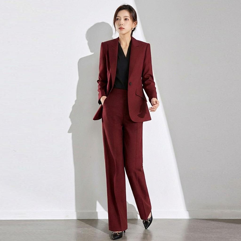 Burgundy Women's Long-Sleeved Suit Set: Elegant One-Button Formal Wear for Office, Luxury Style for Spring and Autumn