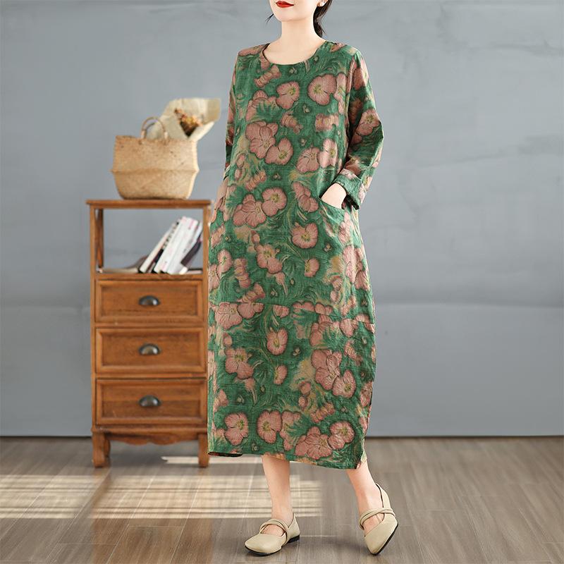 Early Spring Vintage Round Neck Long Sleeved Patchwork Artistic Loose Fit Plus Mid Length Dress