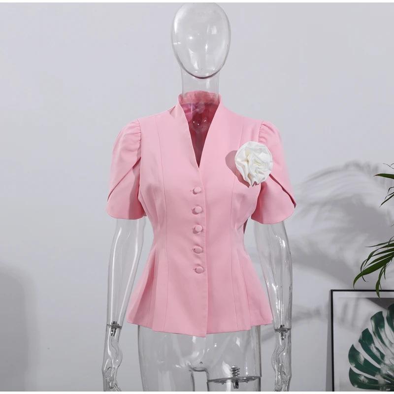 Moda Donna Europea e Americana Estate 2025 Top Suit Corto a Maniche Corte Floreale Fatto a Mano in Vita Stretta