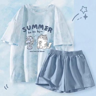 Pigiama a maniche corte tie-dye da donna, Tuta bicolore sottile a cartoni animati, Abbigliamento da casa per studenti, Può essere indossato fuori