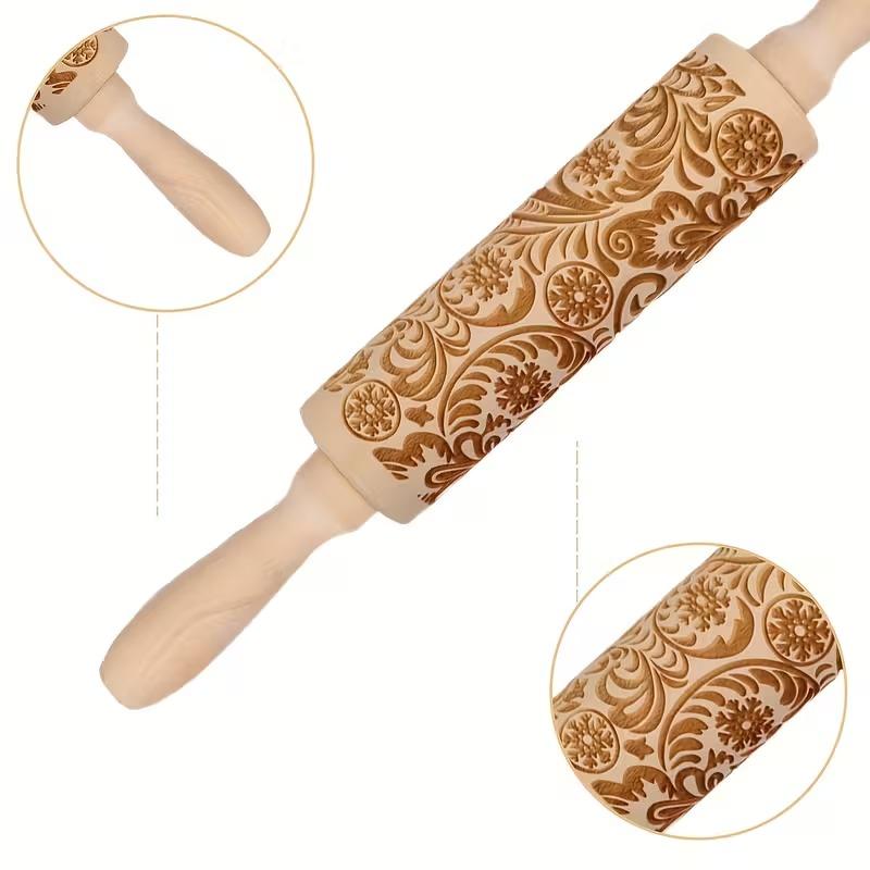 1-5PCS Natural Wooden Rolling Pin with Floral LeafEngraving SmoothSurface Non-Slip Handle for ChristmasCookie Cutter Baking Tool