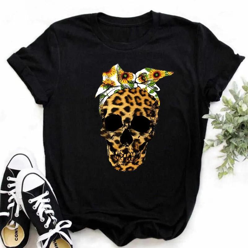 Leopard Love Heart Print Women Fashion T Shirt Black Female Short Sleeve Graphic Tops Women Sleeved Harajuk Streetwear Casual