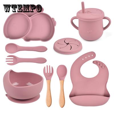 9-teiliges Babygeschirr aus Silikon mit Kaninchenmotiv, rutschfeste Schüssel, Teller, Tasse, Löffel und Gabel, BPA-frei, für Kinder, Futternäpfe