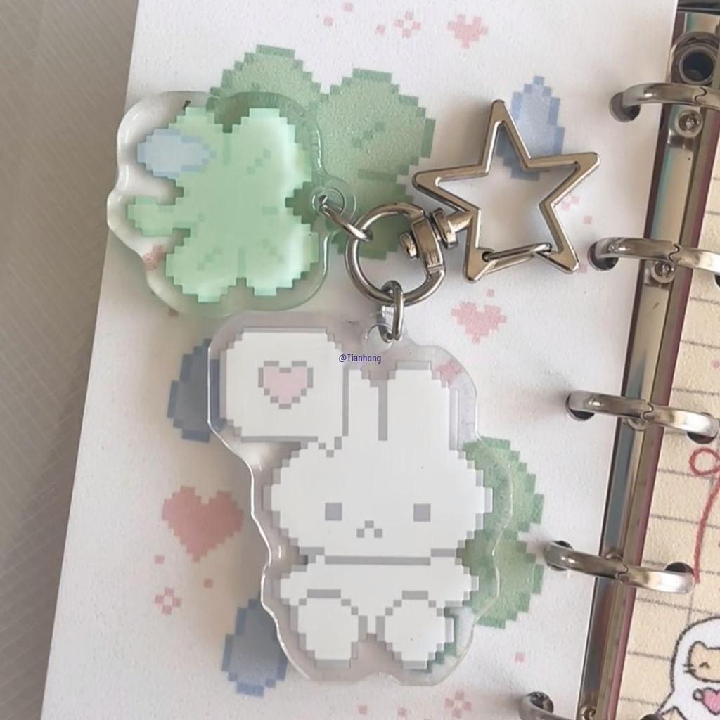 Pixel Cute Rabbit & Cat Clover Pendant Keychain - Creative Backpack Accessory Gift for Bestie