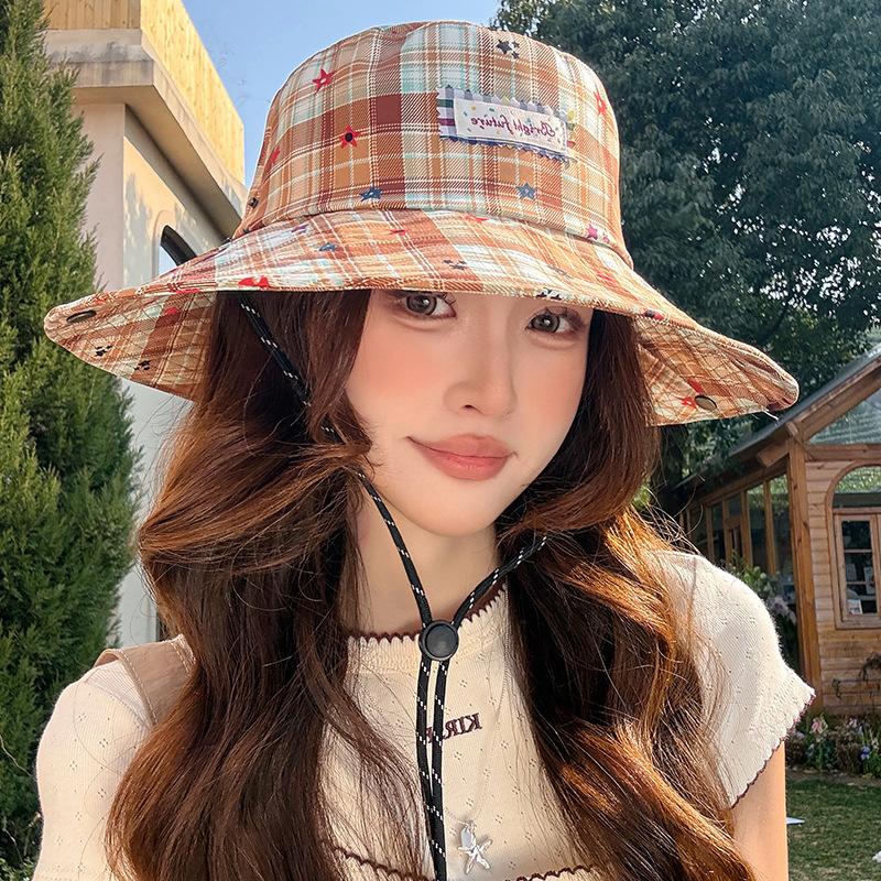 Fresh and Simple Plaid Hat, Two-way Wear Fisherman Hat for Women, Spring and Summer Travel Large Brim Sun Hat, Outdoor Sun Protection Hiking Hat