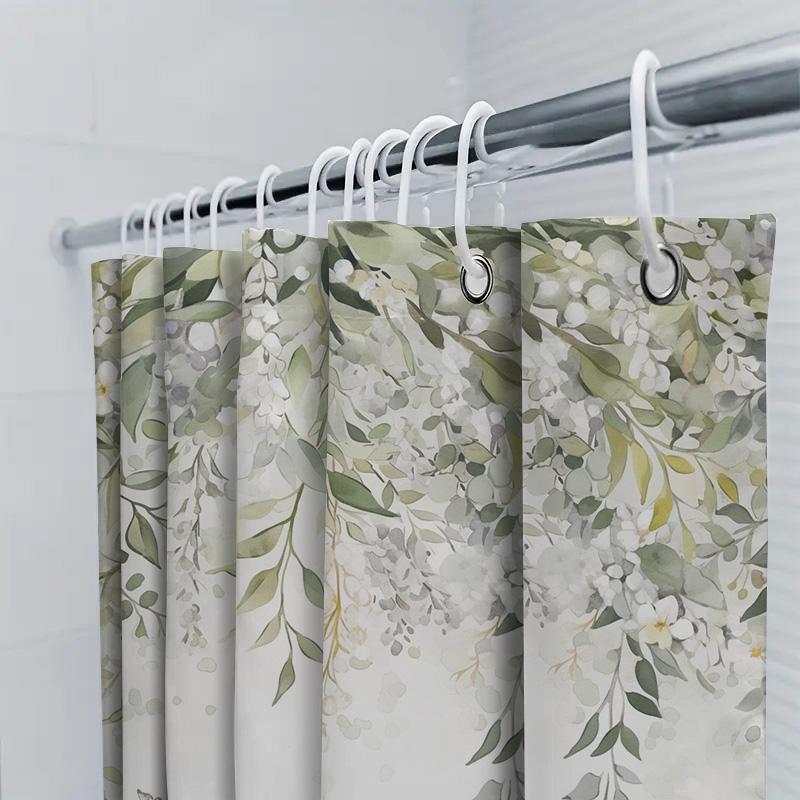 Charming White Flowers and Green Leaves Shower Curtain for Modern Bathroom Decor Waterproof Fabric with Hooks Enhances HomeStyle