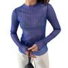 European and American style women's clothing summer new round neck long-sleeved mesh see-through T-shirt blue top slim and sexy style