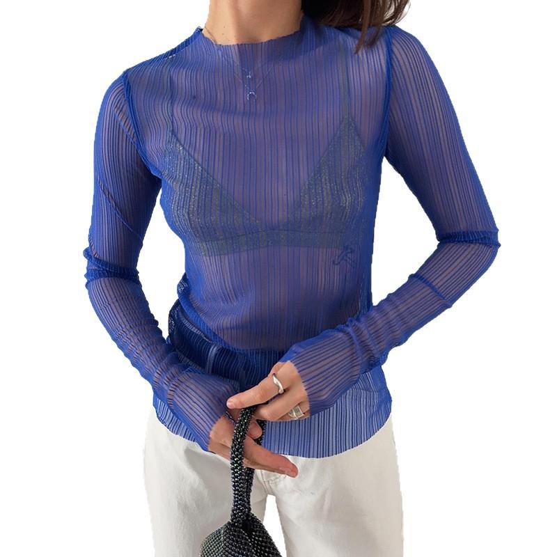 European and American style women's clothing summer new round neck long-sleeved mesh see-through T-shirt blue top slim and sexy style