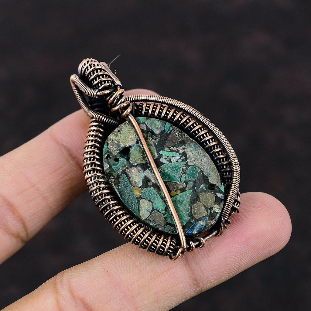Copper Azurite Malachite Pendant Copper Wire Wrapped Pendant Handmade Copper Jewelry Gemstone Pendant Wire Design Jewelry Pendant For Gift
