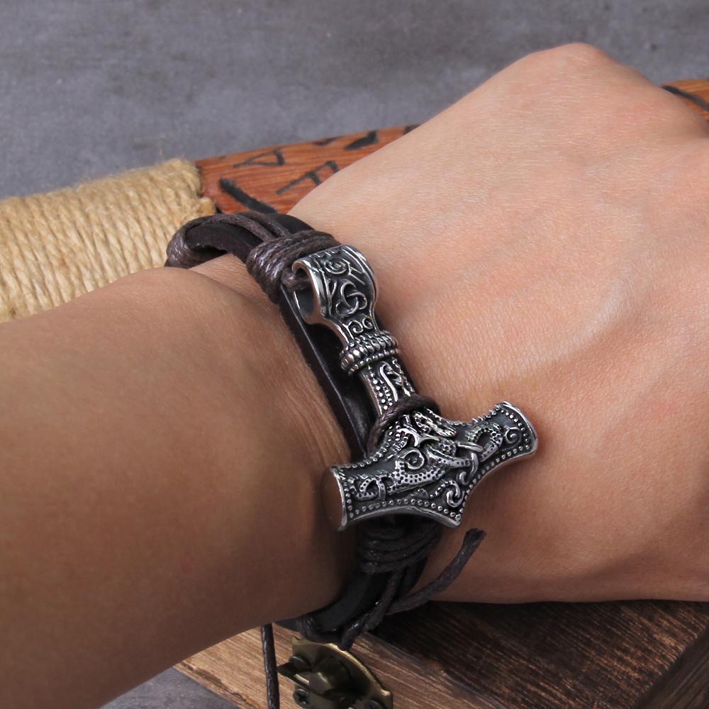 Pulsera Vikinga Hecha a Mano para Hombre Martillo de Thor Envolvente Cuero Accesorio Pirata Caja de Regalo para Hombre