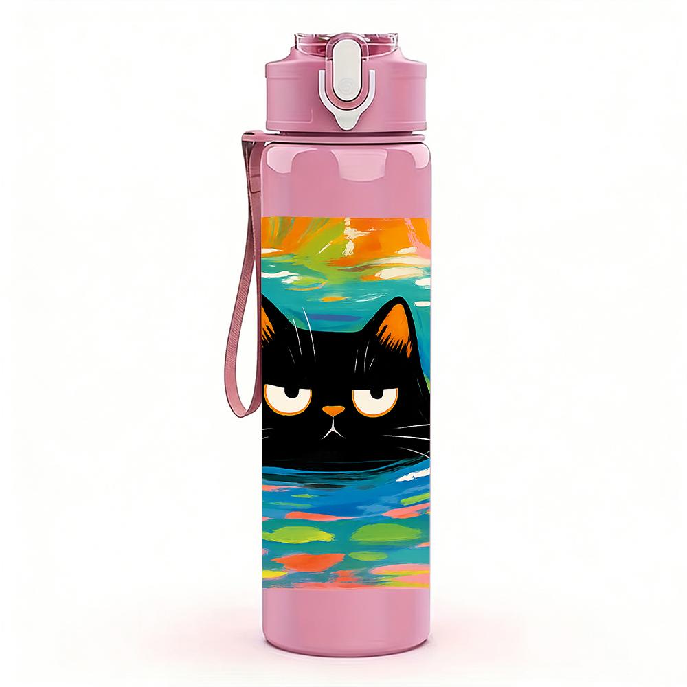 1PC Color Block Black Cat Canvas 750ml Color Plastic Sports Water Bottle Leakproof Flip Straw Lid Suitable for Sports Office Home Use