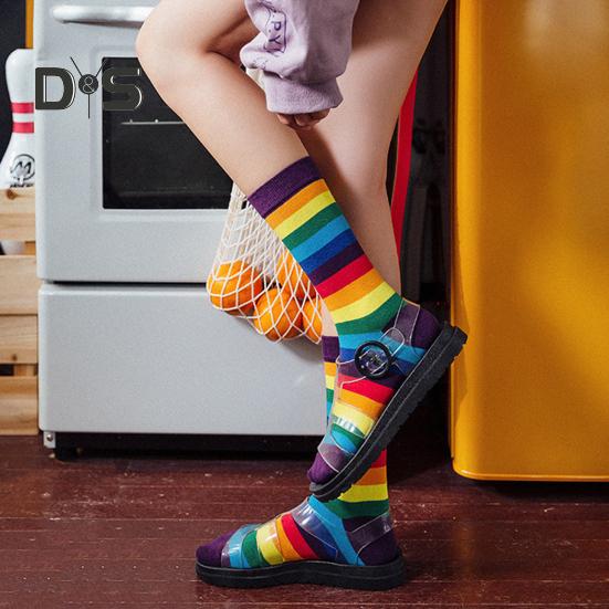 6 Paar Unisex-Wintersocken, bunte Regenbogenstreifen, Mittelrohr, hohe Elastizität, halten warm, rutschfest, dicke Paarsocken, lässige Sportsocken