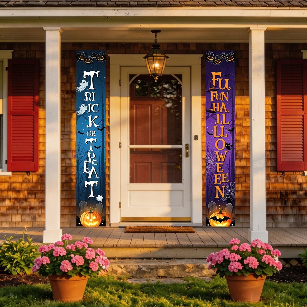 Halloween flags decorate the courtyard for an outdoor party. Cartoon doors hang with festive backdrop cloth. Halloween couplets.