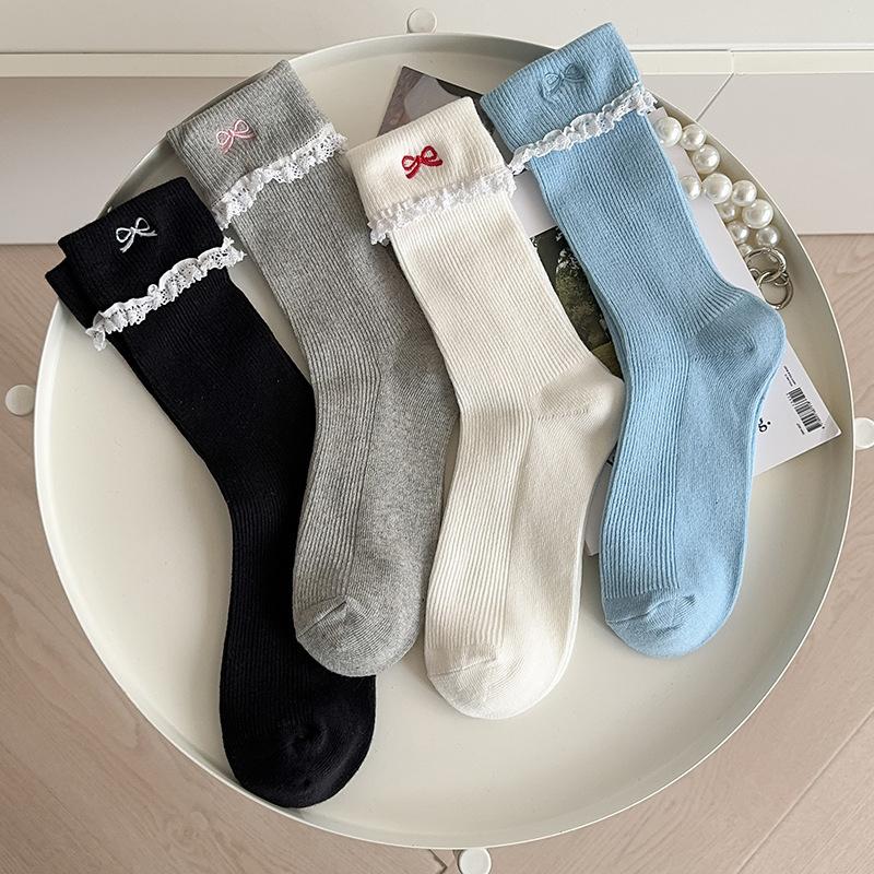 Simple All-Match Girly Cotton Socks Lace Bow Sweet Sock Casual Breathable Sweat-Wicking Mid-Tube Socks  Accessories Gifts
