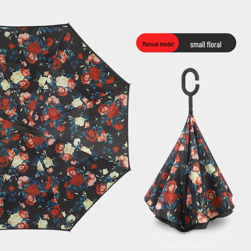Custom Reverse Car Umbrella with Hands-Free C-Shaped Handle - Business Long Handle Umbrella with Logo Print for Men