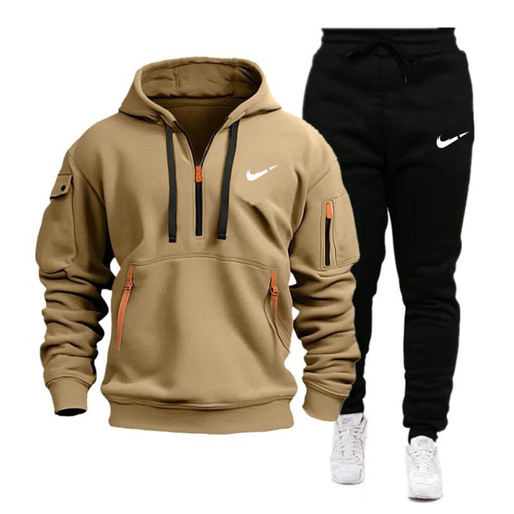 Autumn and winter new men's hoodie fashion casual men's suit trendy zipper multi-pocket fleece suit