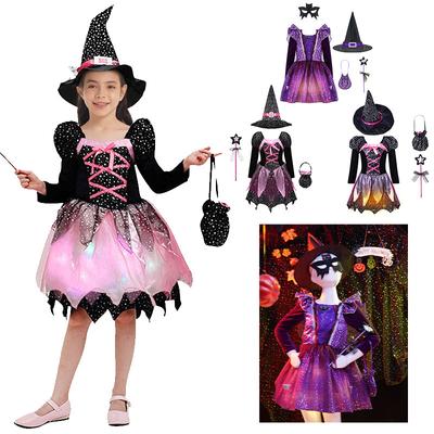 Kız Çocuk Cadı Cadılar Bayramı Cosplay Kostümü Parıltılı Yıldız Baskılı Elbise Sivri Şapka Sihirli Değnek Şeker Çantası Seti