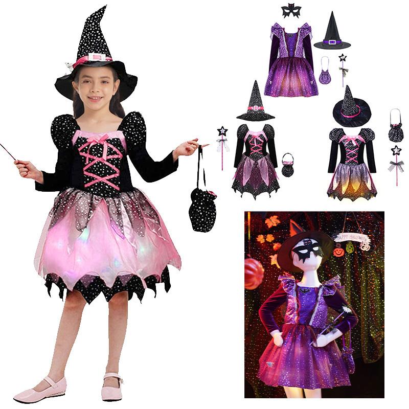 Girls Witch Halloween Cosplay Costume Sparkly Stars Printed Dress with Pointed Hat Magic Wand Candy Bag Set