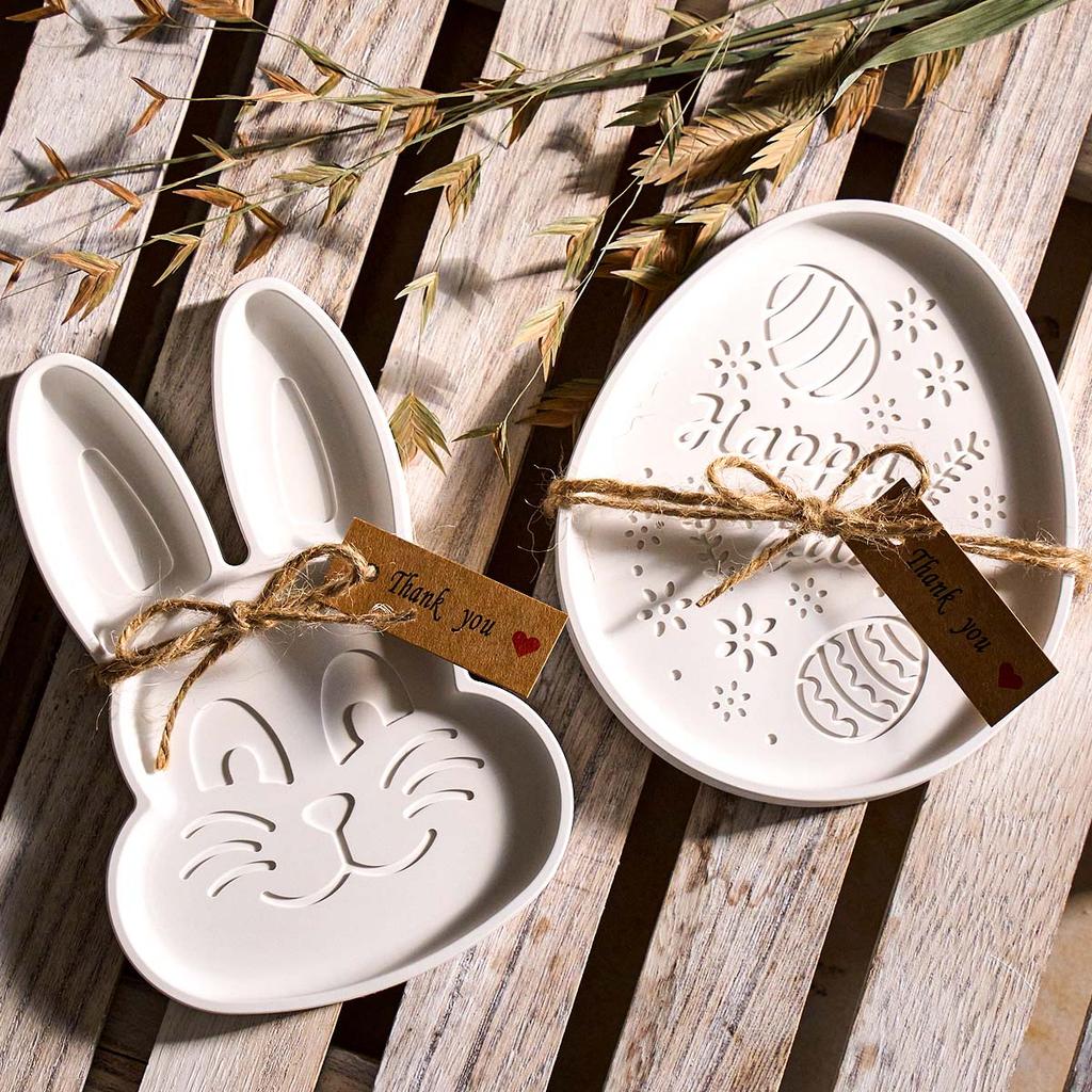Relief Egg Rabbit Staorage Tray Silicone Mold DIY Easter Bunny Ornament Crafts Making Plaster Resin Display Plate Casting Molds