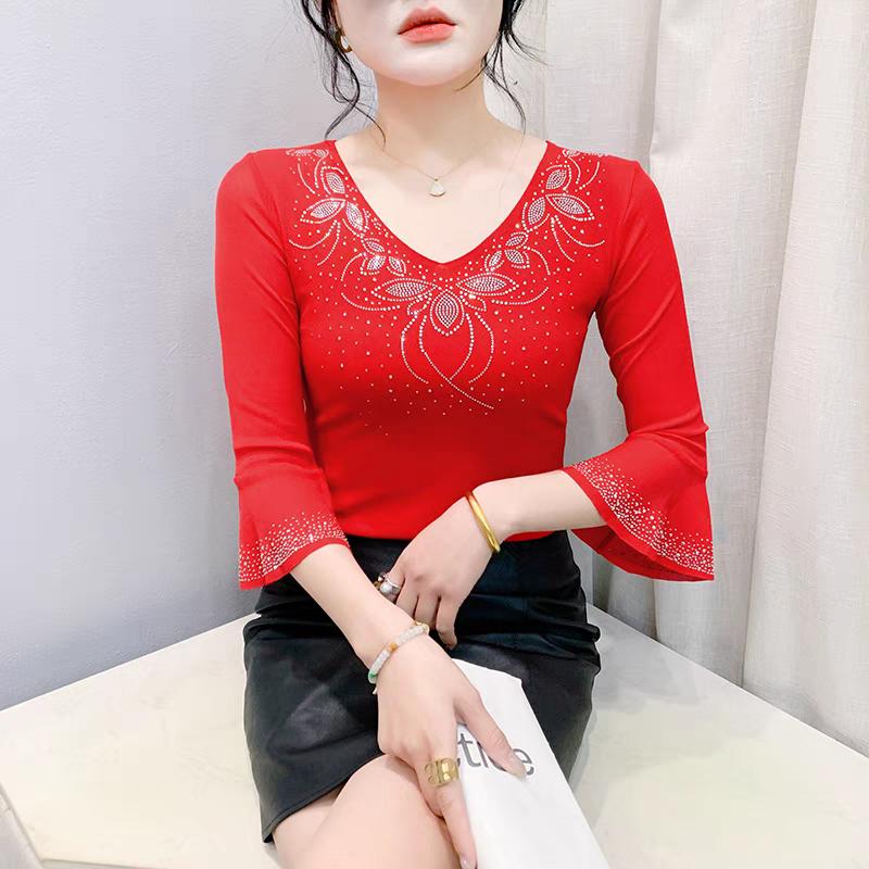 

Летняя уличная одежда женские топы рубашка элегантная приталенная с V-образным вырезом горячие бриллианты сетчатая футболка рукава-клеш приталенные футболки 3XL