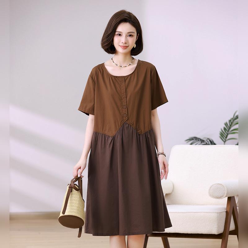 Mom's Summer 2025 Color Block Two-Piece Look Cotton Loose Mid-Length Dress