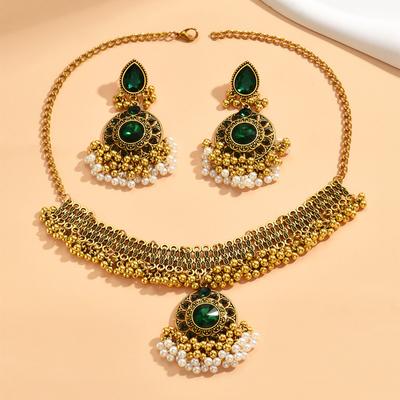 Schmuck, ethnische Retro-Edelsteine, Perlen, 2-teiliges Schmuckset, Ohrringe, Halsketten.