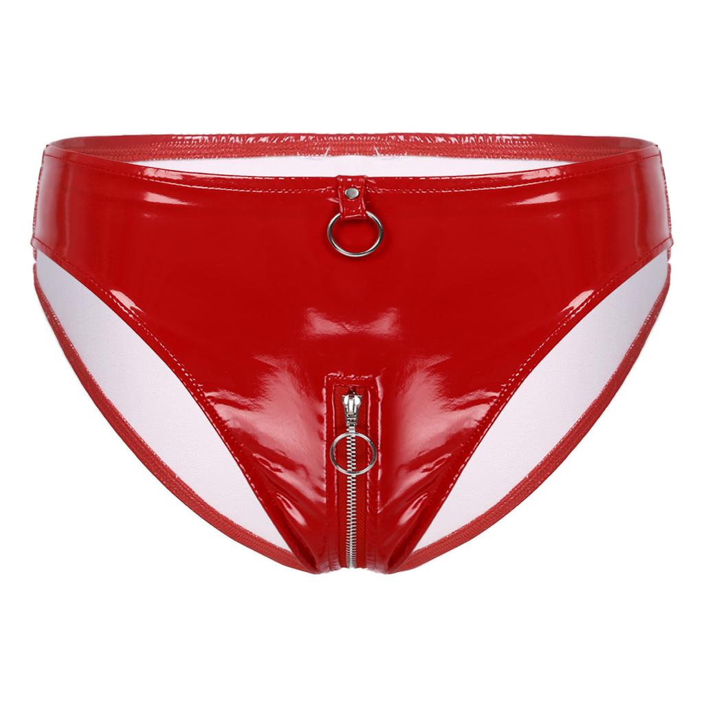Womens Patent Leather Briefs O-Ring Zipper Crotch Low Waist Stage Costume