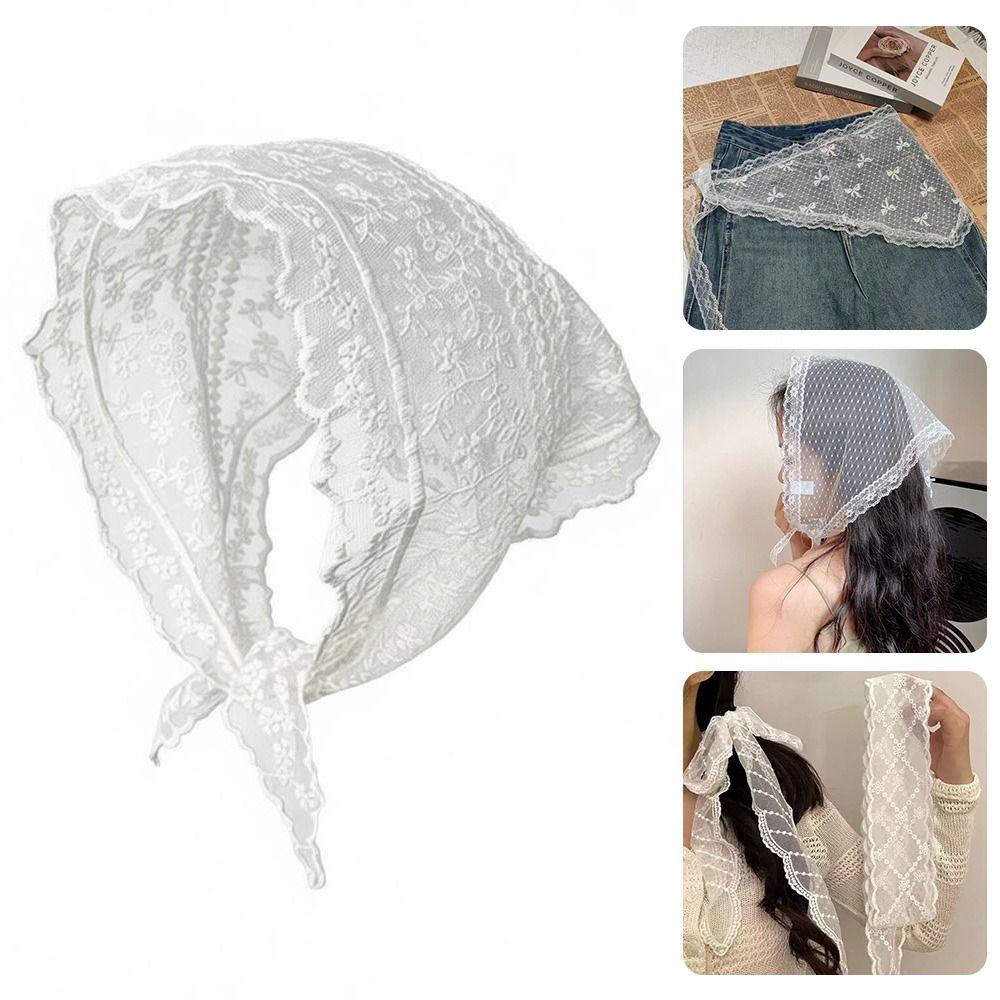 Embroidered Lace Triangle Headscarf White Hollow-out Hair Scarf Wraps Pastoral Style Woven Floral Hair Band Hair Accessories