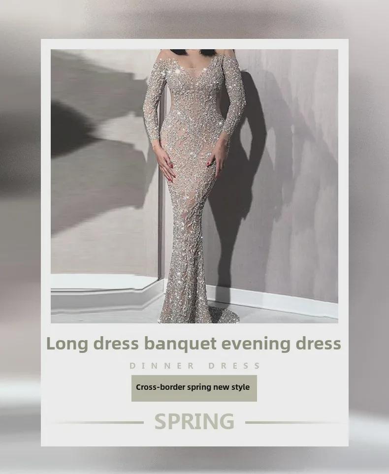 2025 Spring European & American Women's Hot Stamping Long-Sleeved Slim Evening Dress