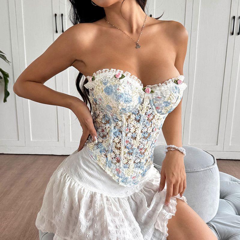 

Her Cross-Border European and American Sexy Sexy Lace Patchwork Flower Decoration Fishbone Girdle Tube Top Tops Light blue(Including breast Cotton) S