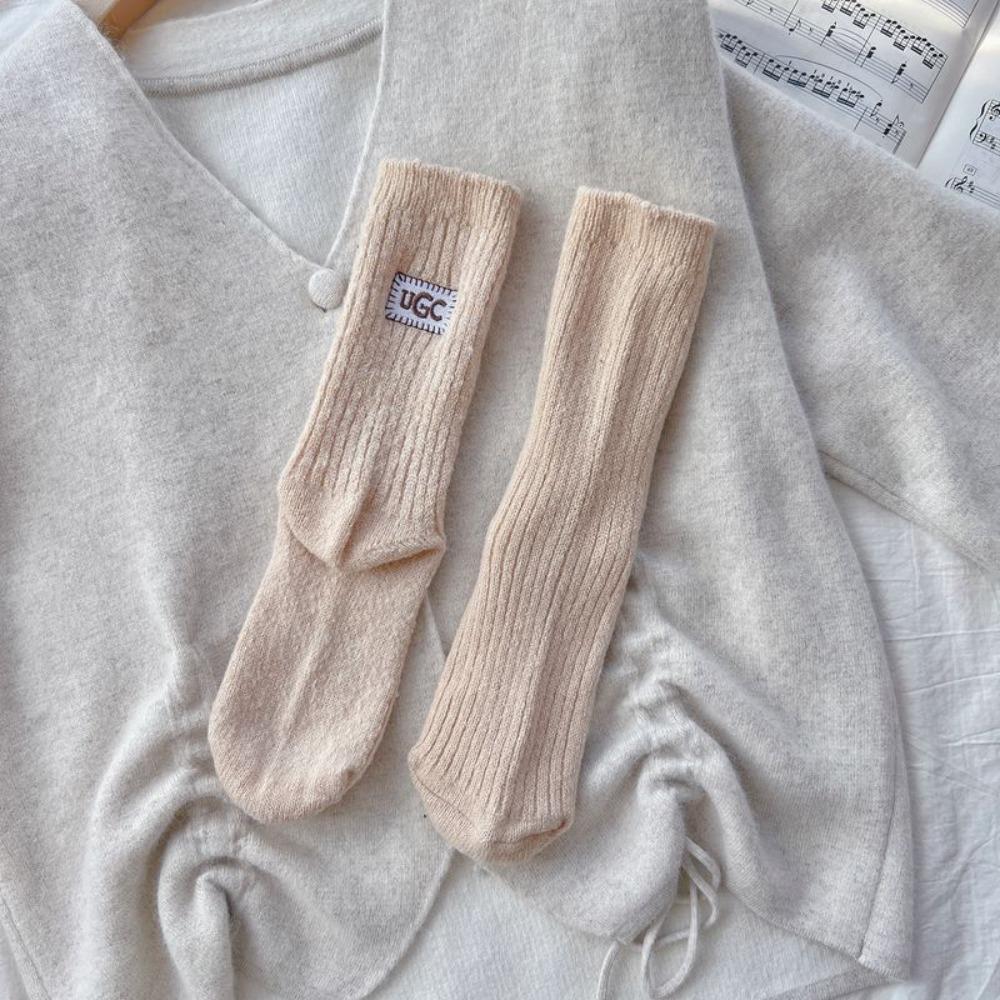 

Носки средней длины с вышитым логотипом, утолщенные вязаные носки, новые носки до середины икры бежевый