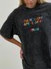 Retro Washed Black Cotton Tee with Colorful Letter Print