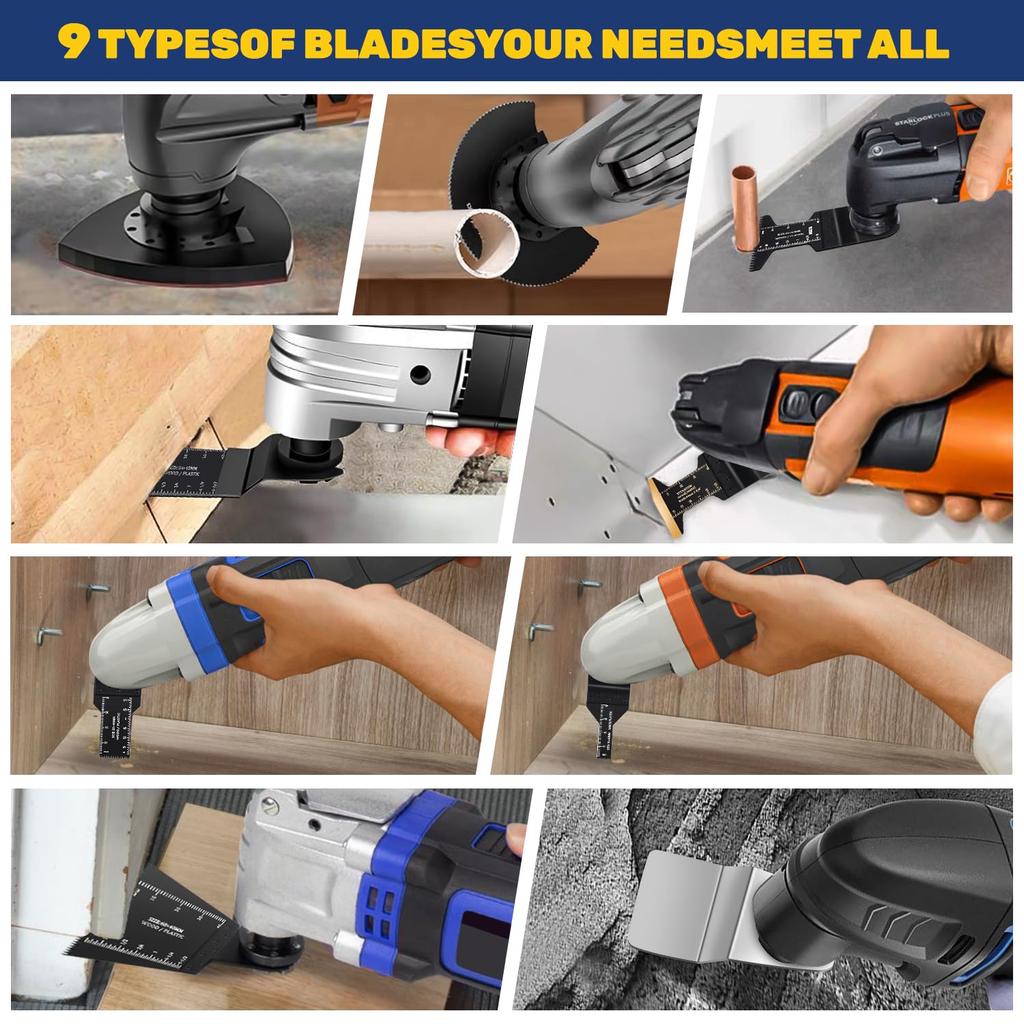 115 PCS Oscillating Saw Blades with case,Wood/Metal/Plastic Cutting and Accessories with Sandpaper,Bi-Metal Tool Blade, Arc Edge Multitool Blades