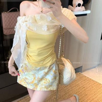 Sweet One-shoulder Spliced Lace Short Sleeved T-shirt for Women New Summer Slim Fat-covering Top