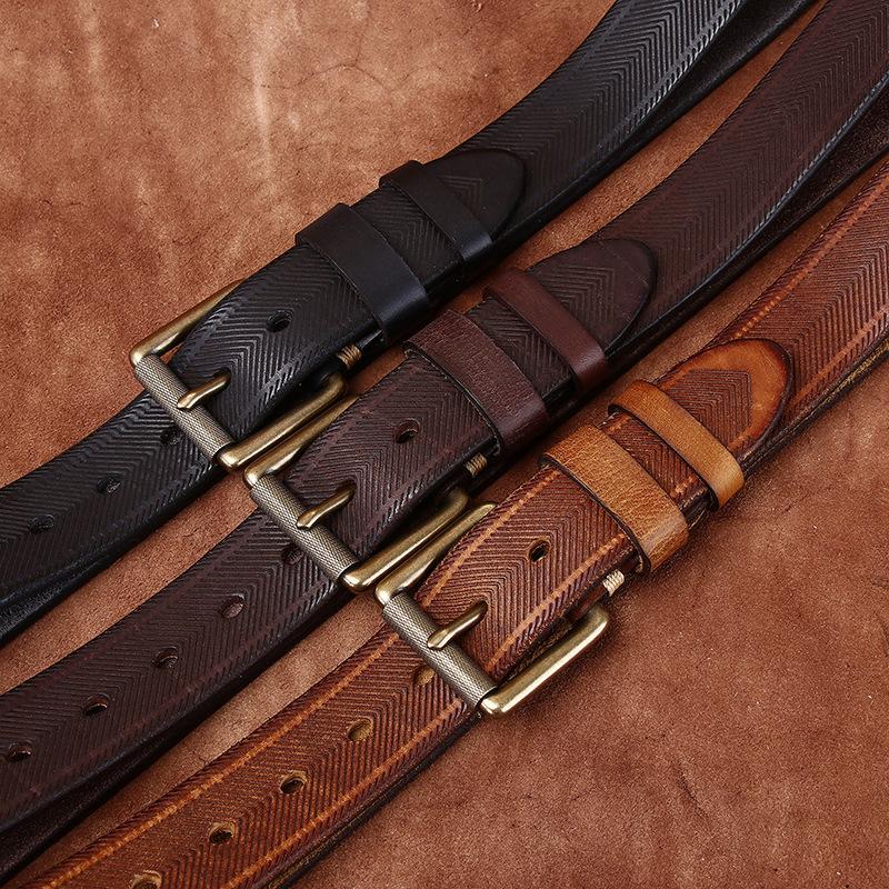 3.8Cm Wide Handmade Thickened Vegetable Tanned First Layer Cowhide Belt Men'S Genuine Leather Pin Buckle Casual Retro Denim Belt Men'S
