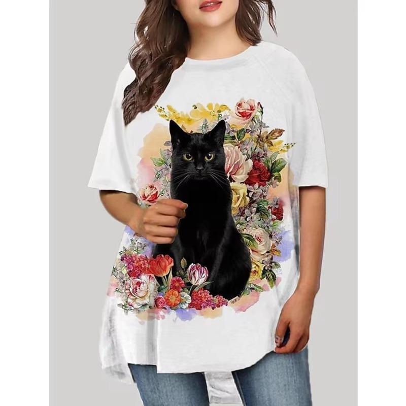 

Женские футболки Весенняя одежда Графика кошки Круглый вырез Короткий рукав Топы Уличная одежда Одежда оверсайз Свободные женские футболки XL