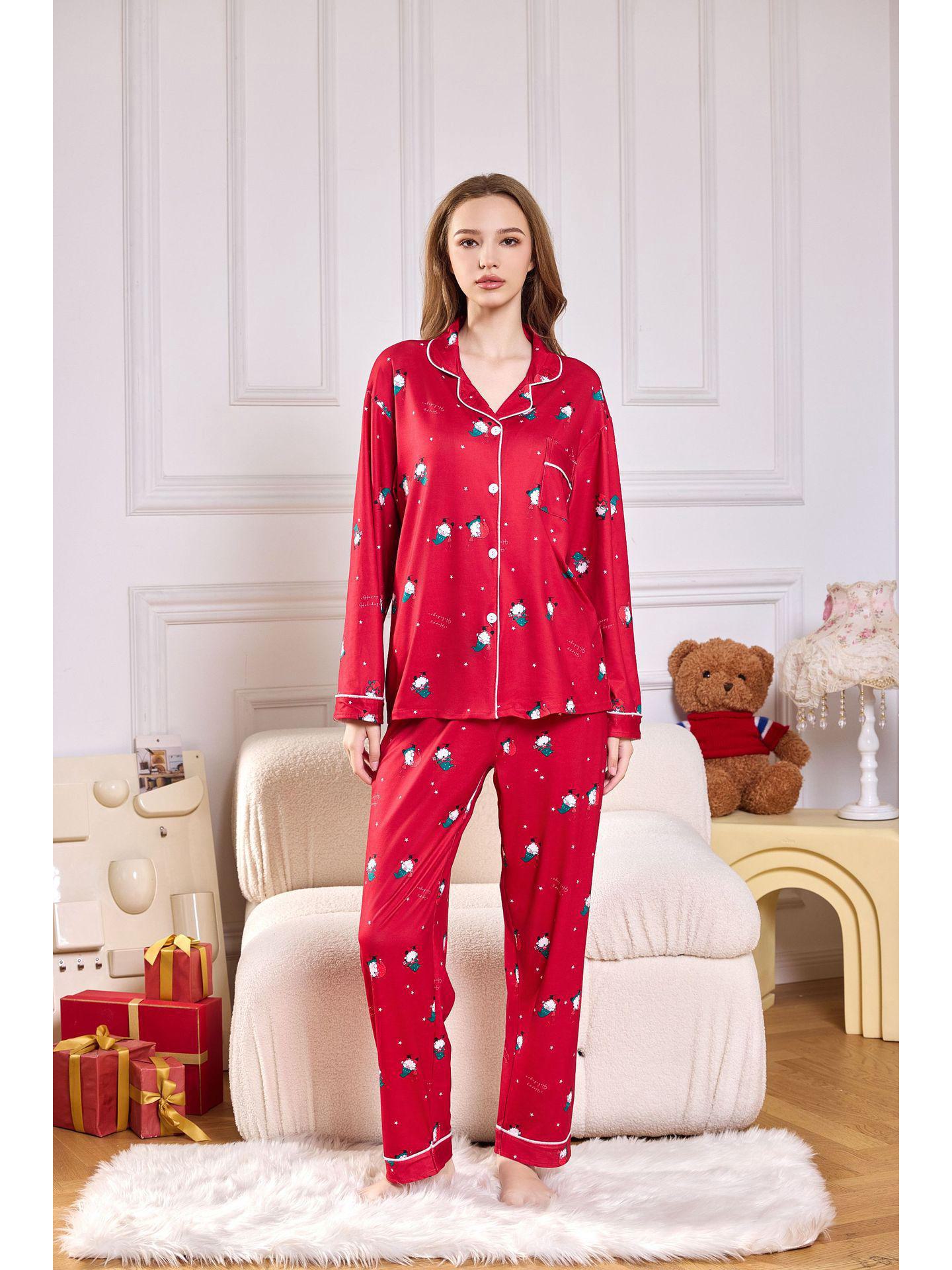 

Рождественский пижамный комплект для женщин в европейском и американском стиле: кардиган с длинными рукавами и отворотами, а также брюки с принтом. L красный