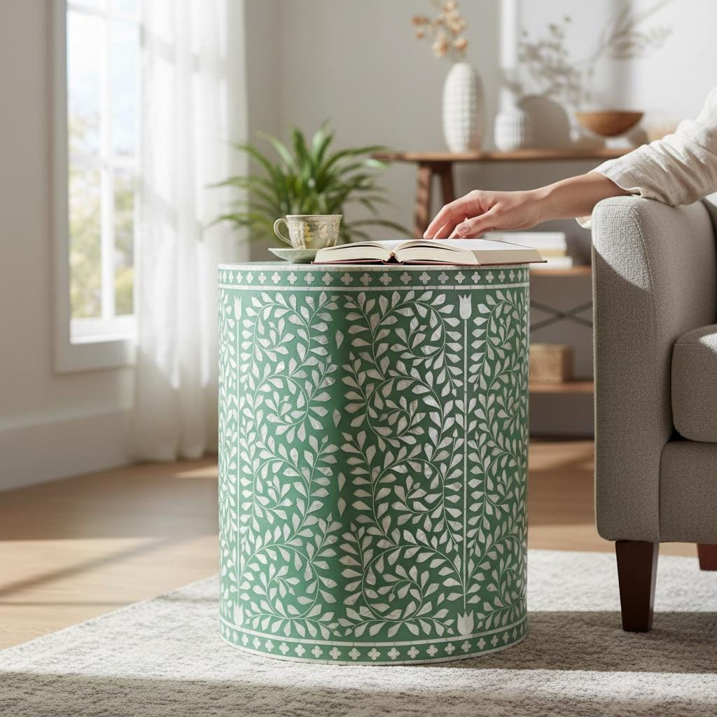 Bone Inlay Coffee Table- Side Table Decor Furniture Bone Table-Bone Inlay Nightstand Table-Inlay End Table -Green Floral Round Accent Table