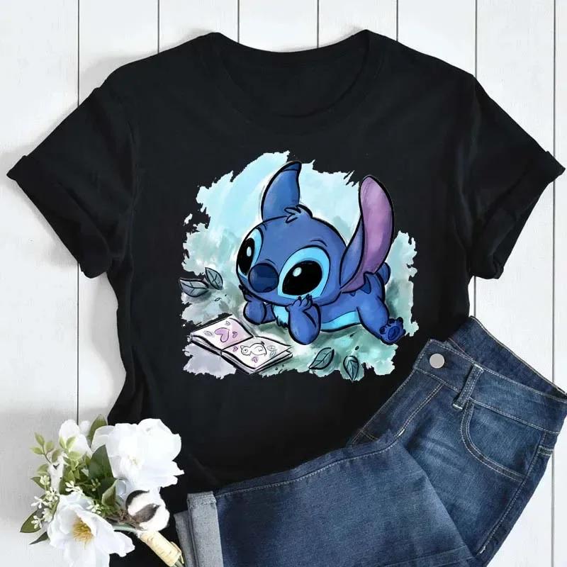 New Disney Women T-shirt Kawaii Lilo Stitch Print Tee Shirts Fashion Short Sleeve T Shirt Female Streetwear Y2k Clothes Top